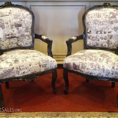 PAIR LOUIS XV STYLE ARMCHAIRS WITH CARTOON PRINT ON LEATHER UPHOLSTERY, DONALD DUCK, BLACK FINISH
