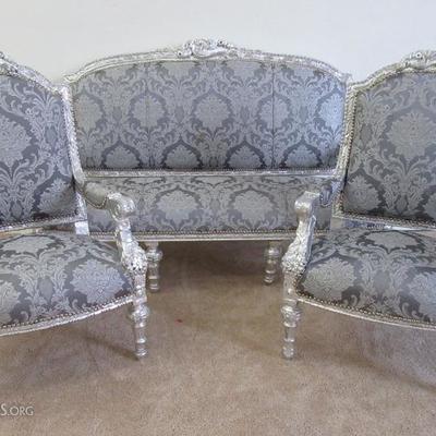 PAIR LOUIS XV STYLE SILVER GILT ARMCHAIRS WITH SILVER/GRAY UPHOLSTERY, MATCHING SOFA SOLD SEPARATELY