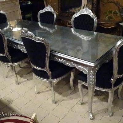 LOUIS XV STYLE SILVER GILT DINING TABLE WITH 6 BLACK VELVET CHAIRS