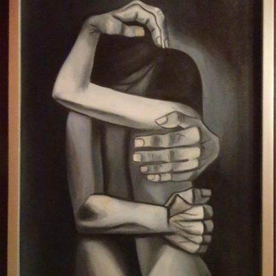 AFTER EDUARDO KINGMAN MODERNIST OIL ON CANVAS PAINTING, LOVERS, IN SILVER FRAME
