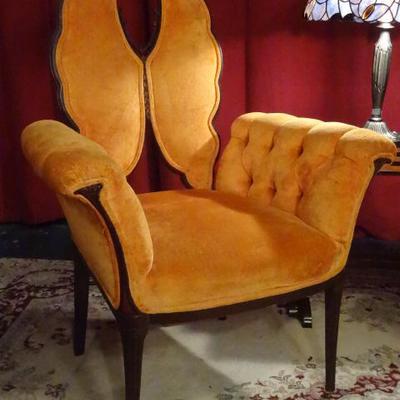 PAIR 1940's LATE DECO BUTTERFLY BACK ARMCHAIRS IN TANGERINE UPHOLSTERY