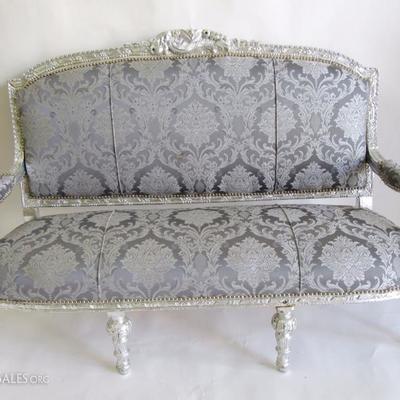 LOUIS XV STYLE SILVER GILT SOFA WITH SILVER/GRAY UPHOLSTERY, MATCHING ARMCHAIRS SOLD SEPARATELY