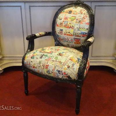 LOUIS XV STYLE ARMCHAIR WITH CARTOON PRINT ON LEATHER UPHOLSTERY, DONALD DUCK, BLACK FINISH