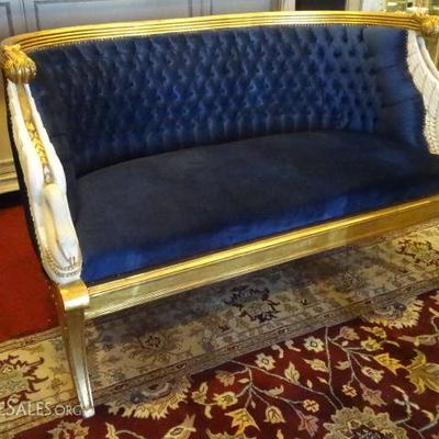 FRENCH EMPIRE STYLE GILT AND PAINTED SWAN ARM SOFA WITH BLUE VELVET UPHOLSTERY