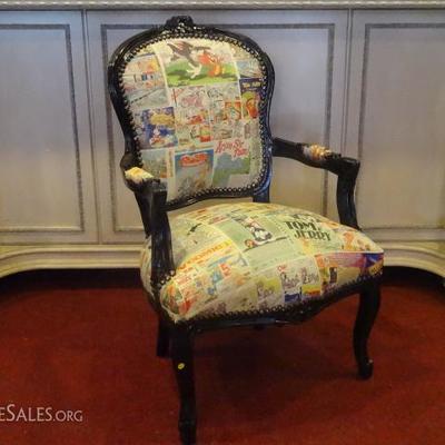 LOUIS XV STYLE ARMCHAIR WITH COLORFUL CARTOON PRINT ON LEATHER UPHOLSTERY, TOM AND JERRY COMIC STRIP IN FRENCH, ENGLISH AND GERMAN, BLACK...