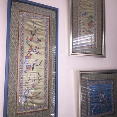 hand embroidered silks, framed