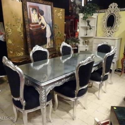 7 PIECE SILVER GILT WOOD DINING TABLE WITH 6 BLACK VELVET CHAIRS