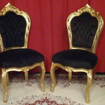 GOLD GILT LOUIS XV STYLE CHAIRS WITH BLACK VELVET UPHOLSTERY
