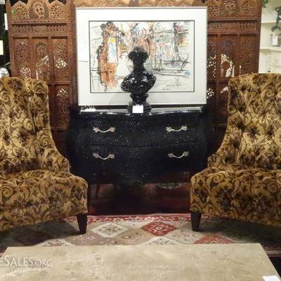 PAIR THOMASVILLE TUFTED WING CHAIRS IN SHOWROOM CONDITION