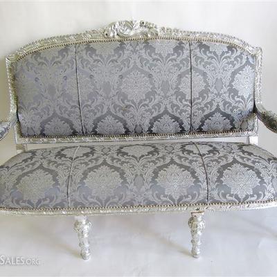 PAIR LOUIS XV SILVER GILT WOOD SOFA, ARMCHAIRS SOLD SEPARATELY