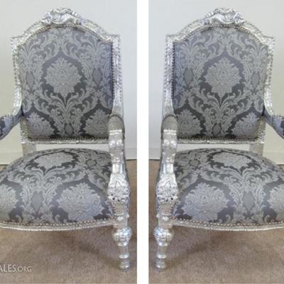 PAIR LOUIS XV SILVER GILT WOOD ARMCHAIRS, SOFA SOLD SEPARATELY