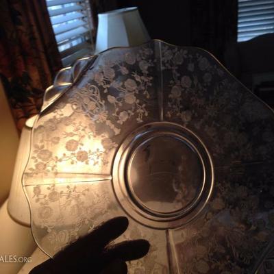 Depression glass etched bowl and plate 