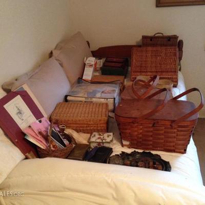 Assorted baskets, maps, lithos, bags
