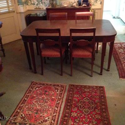 Two Oriental rugs 350 KPSI, Dining table 6 chairs and 1 leaf