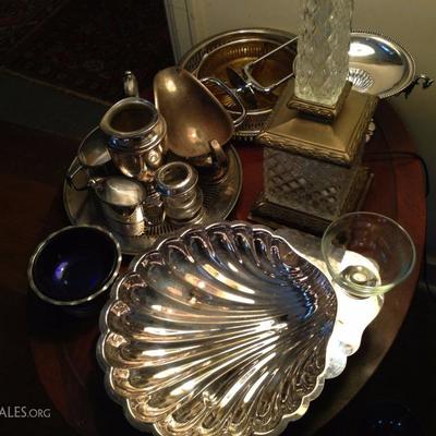 Silver shrimp serving tray and glass sauce bowl