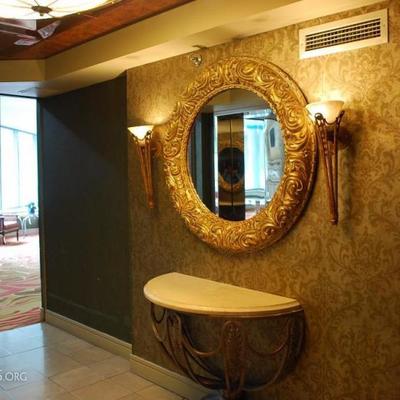 Pair Sconces, Mirror, and Console table