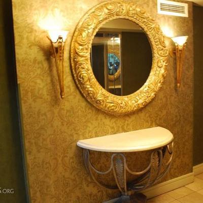 Pair Sconces, Mirror, and Console table
