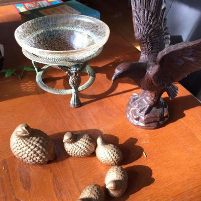Partridge figurines, Carved eagle, Vintage glass bowl with decorative metal stand