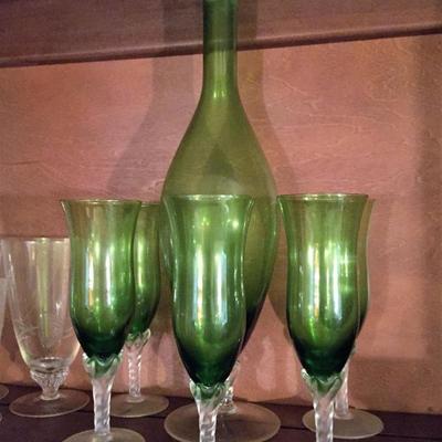 Vintage green glass decanter and glasses