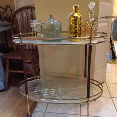 Vintage Glass Bar Cart and Decanters