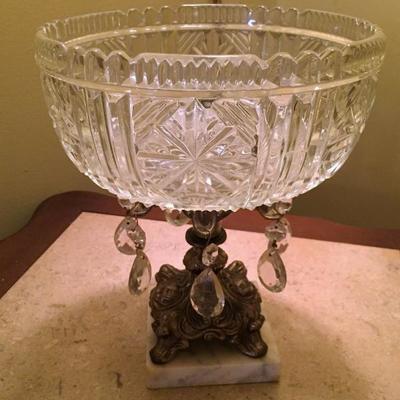 Vintage glass and bronze pedestal compote bowl with marble base (set of 2)