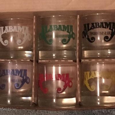 Set of 6 Country music group Alabama whiskey glasses, They have 6 hit songs on the reverse side (next image)