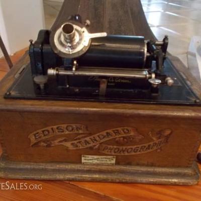 Edison phonograph valued at $1500, Sale price $850. Excellent condition with bell and crank.