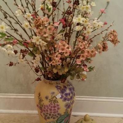 Yellow ginger jar floral arrangement-lid with jar