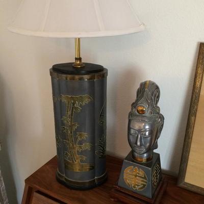 Brass on Silver/Pewter Asian Lamp and Figurine