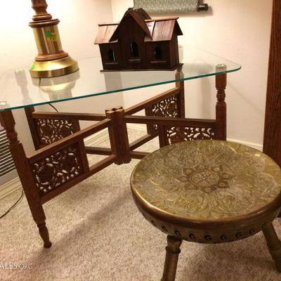 Asian Coffee Table and Vintage Brass Stool