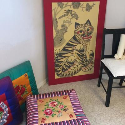 Asian Floor Cushions and Pedestal + Tiger Art