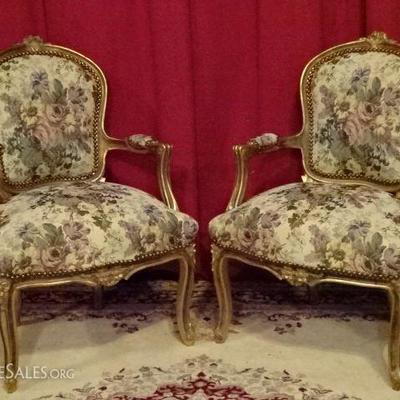 PAIR GOLD GILT WOOD FAUTEUIL ARMCHAIRS
