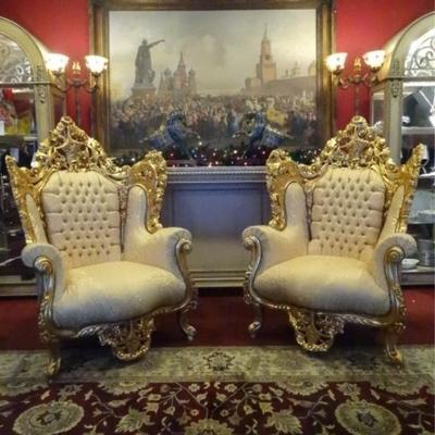 PAIR LOUIS XIV BAROQUE GOLD GILT THRONE CHAIRS IN GOLD UPHOLSTERY