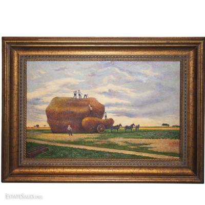 LARGE AFTER MAXIMILIEN LUCE OIL ON CANVAS PAINTING, SCENIC LANDSCAPE WITH FARMERS COLLECTING HAY