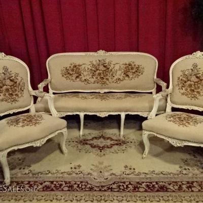 3 PIECE LOUIS XV STYLE PARLOR SET WITH SOFA AND 2 ARM CHAIRS, TAPESTRY STYLE UPHOLSTERY AND WHITE FINISH WOOD FRAMES