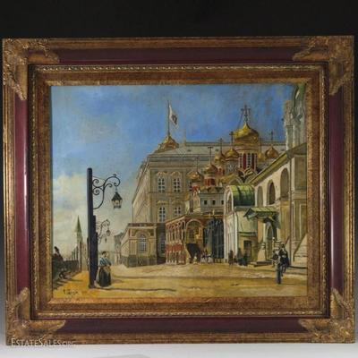 RUSSIAN OIL ON CANVAS PAINTING, AFTER KARL-FREDRICH BEAUDRY, RUSSIAN SQUARE WITH GOLD GILDED DOMES
