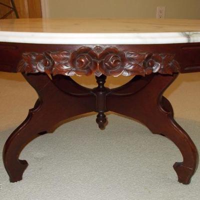 Victorian Style Carved Mahogany and Marble Coffee Table $325
It is 33 Â½ X 22 X 17 Â½â€.