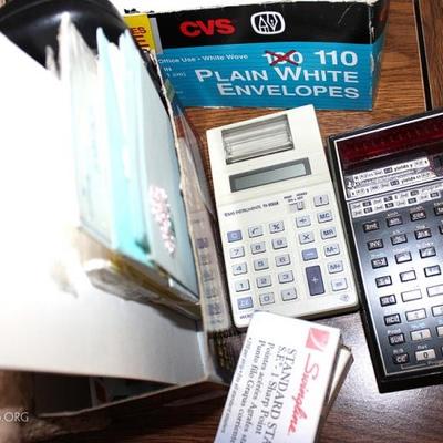 Box lot of office supplies, envelopes, calculator
