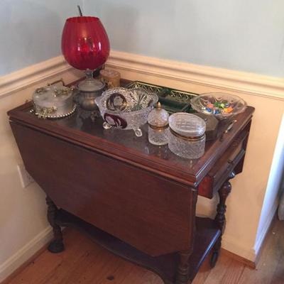 Drop Leaf Tea Cart and vintage glassware