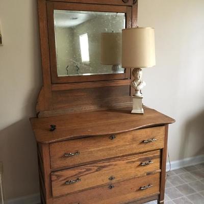 Solid oak vintage chest & mirror
