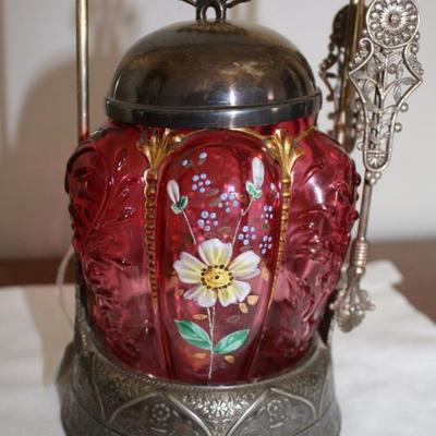 victorian handpainted cranberry pickle canister