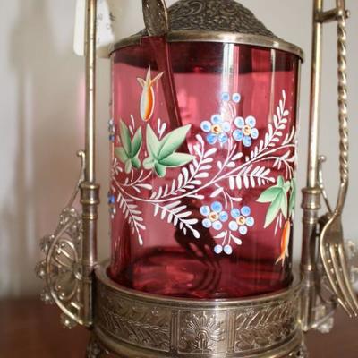 victorian cranberry handpainted pickle canister