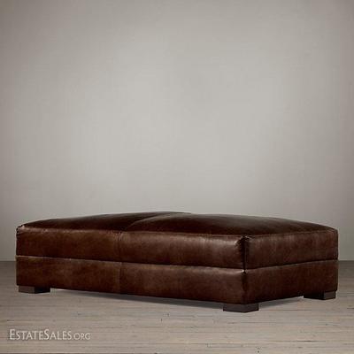 RESTORATION HARDWARE MAXWELL OTTOMAN / CPFFEE TABLE IN DISTRESSED ITALIAN COCOA LEATHER, 68