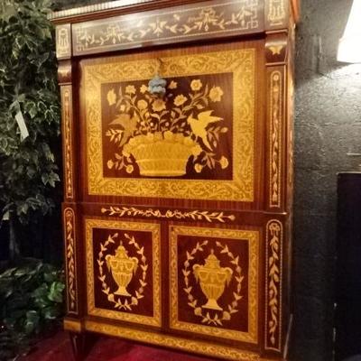 MARQUETRY DROPFRONT SECRETARY DESK WITH ELABORATE INLAID WOOD DESIGNS