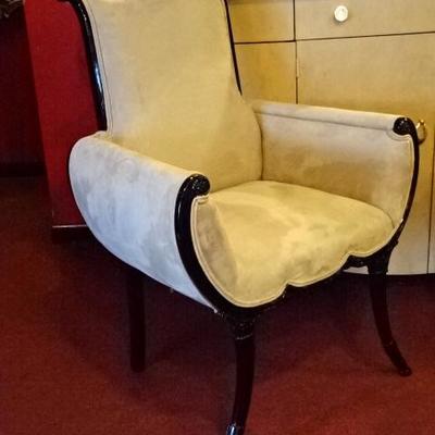 PAIR MID CENTURY ARMCHAIRS IN PRISTINE NEW UPHOLSTERY