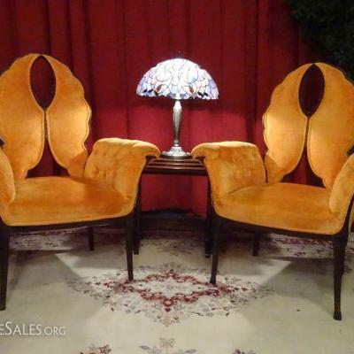 PAIR HOLLYWOOD REGENCY STYLE BUTTERFLY BACK ARMCHAIRS IN NEW TANGERINE UPHOLSTERY