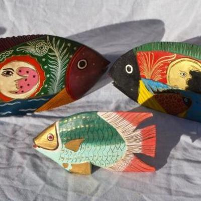 3 Hand Carved & Painted Wood Fish from Mexico