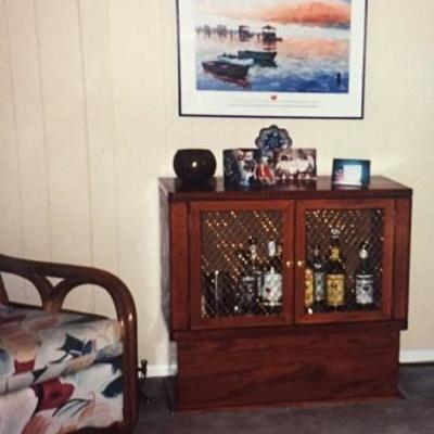 tv cabinet repurposed as liquor cabinet