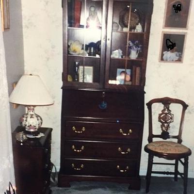 desk with glass cabinet and 3 drawers
sold with small antique chair