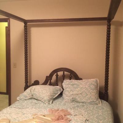 Reproduction Barley twist canopy bed with mattress.